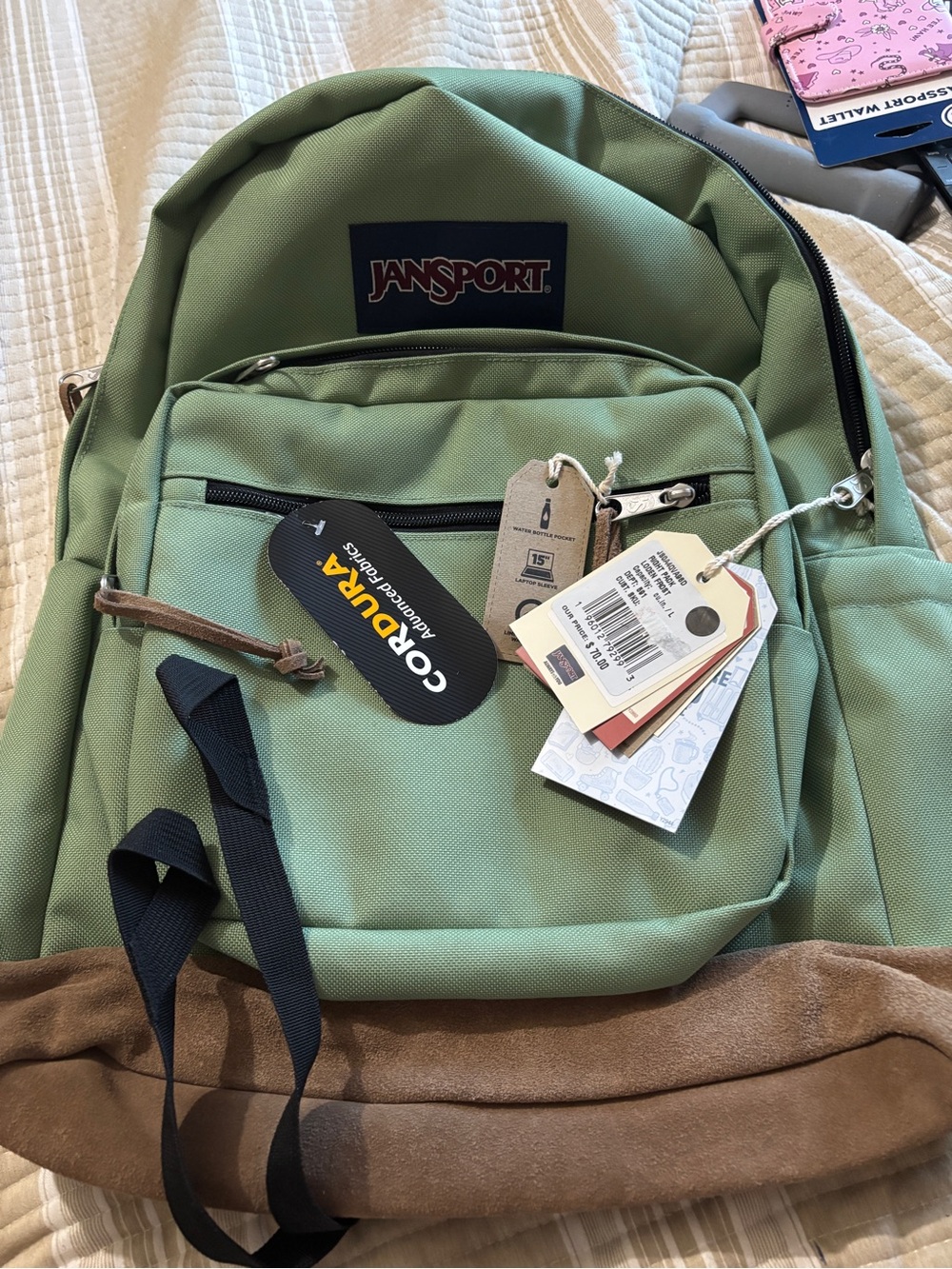 Jansport Right Pack Loden Frost Green Backpack with Brown Suede Base size L NWT